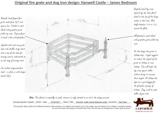 Design Sketch of Fire Dogs and Grate Castle Bedroom Workshop
