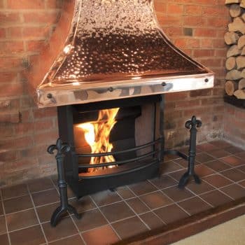 Thermovent open fire with large copper canopy